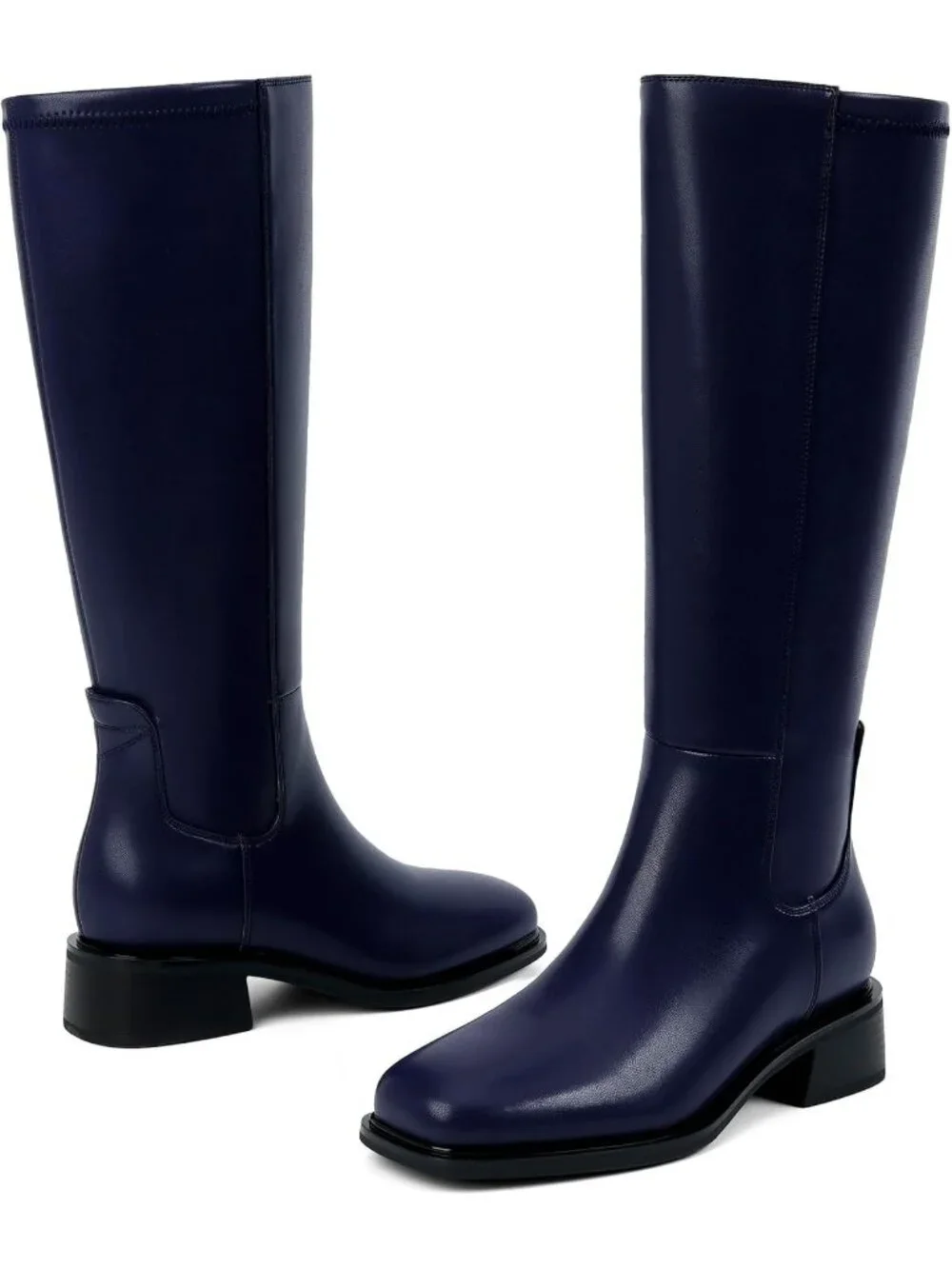 Women's Navy Faux Leather Square Toe Knee High Stretch With Side Zipper Boots